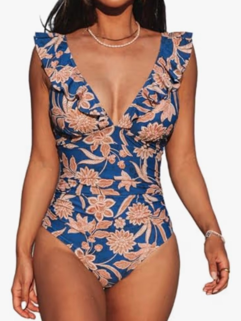 Cupshe Navy  Floral Ruffle-Back One-Piece Swimsuit with tummy control